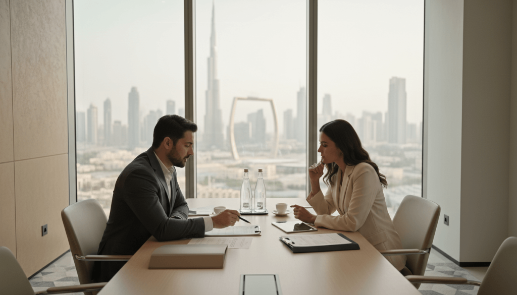 Consultant explaining UAE free zone licence costs to a founder in Dubai