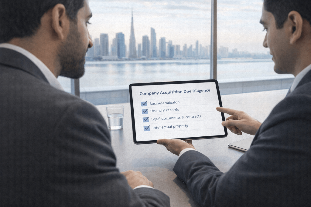 Consultant reviewing due diligence checklist for buying a trade licence in Dubai