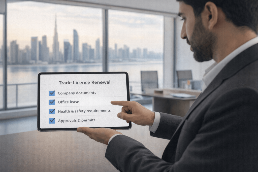 Consultant reviewing trade licence renewal checklist in Dubai office