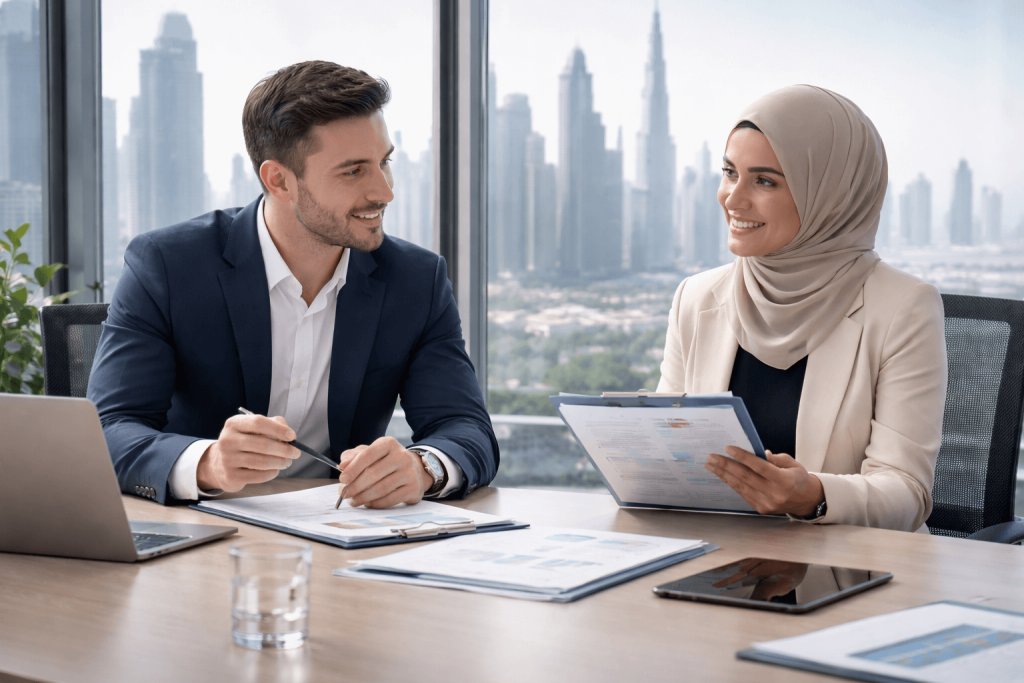 Consultants discussing Dubai free zone company setup in a modern office