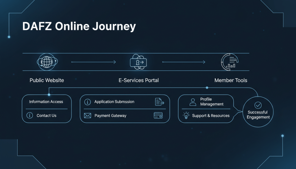 DAFZ portal overview showing public site vs e-services and member tools