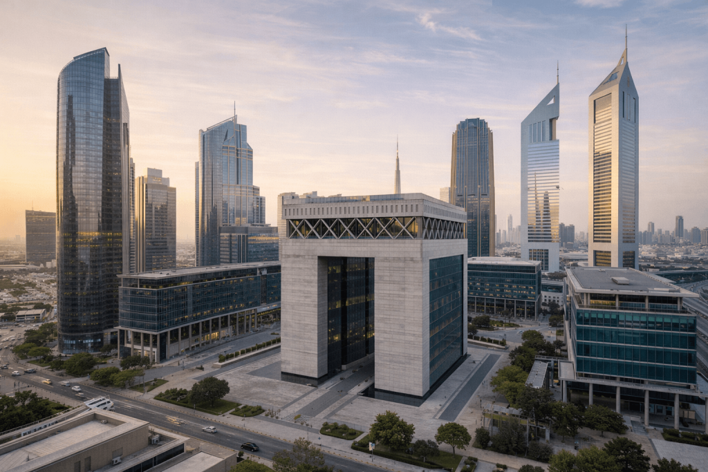 DIFC district skyline in Dubai at golden hour