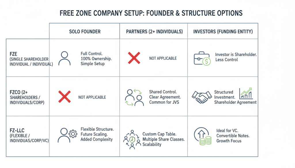 Decision guide for choosing FZCO Dubai vs FZE based on shareholder needs