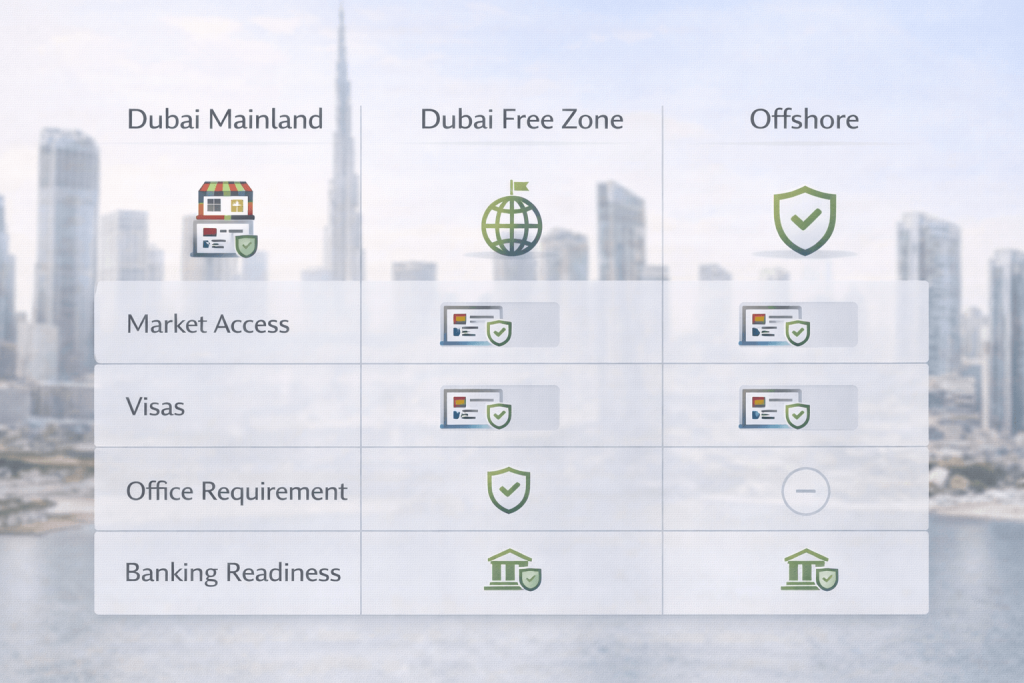 Decision guide showing mainland vs free zone vs offshore to open a company in Dubai