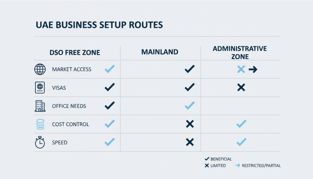 Decision matrix for choosing Dubai Silicon Oasis free zone vs mainland setup