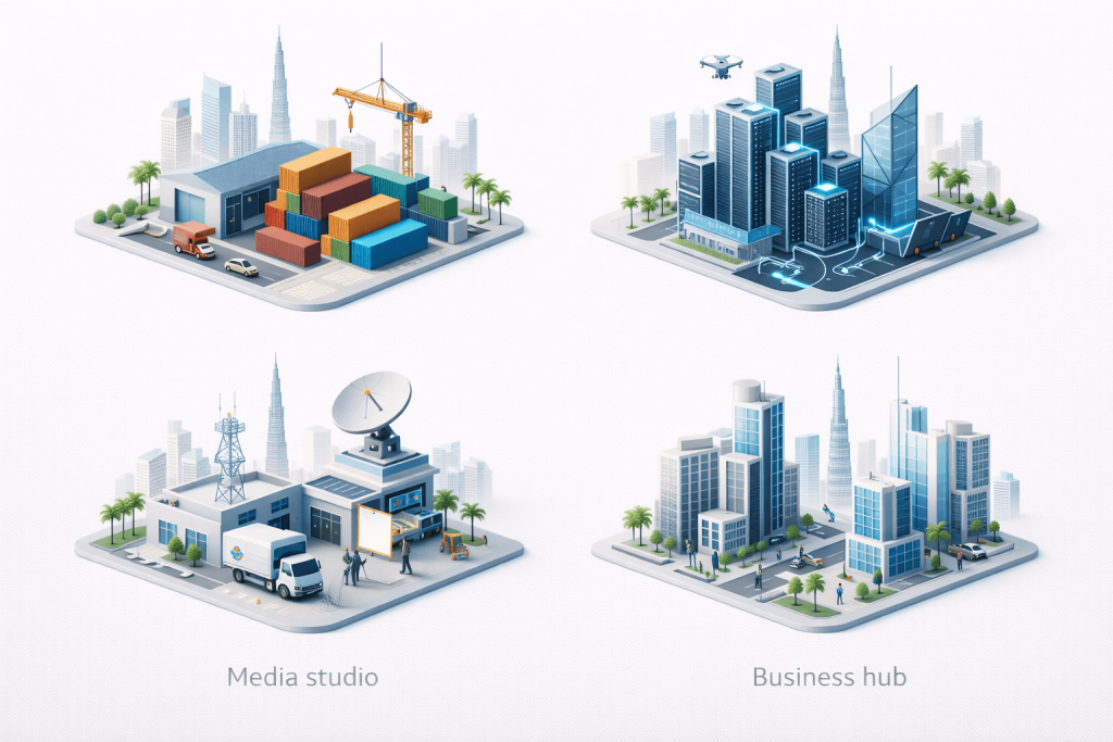 Different types of Dubai freezones including logistics, tech and media