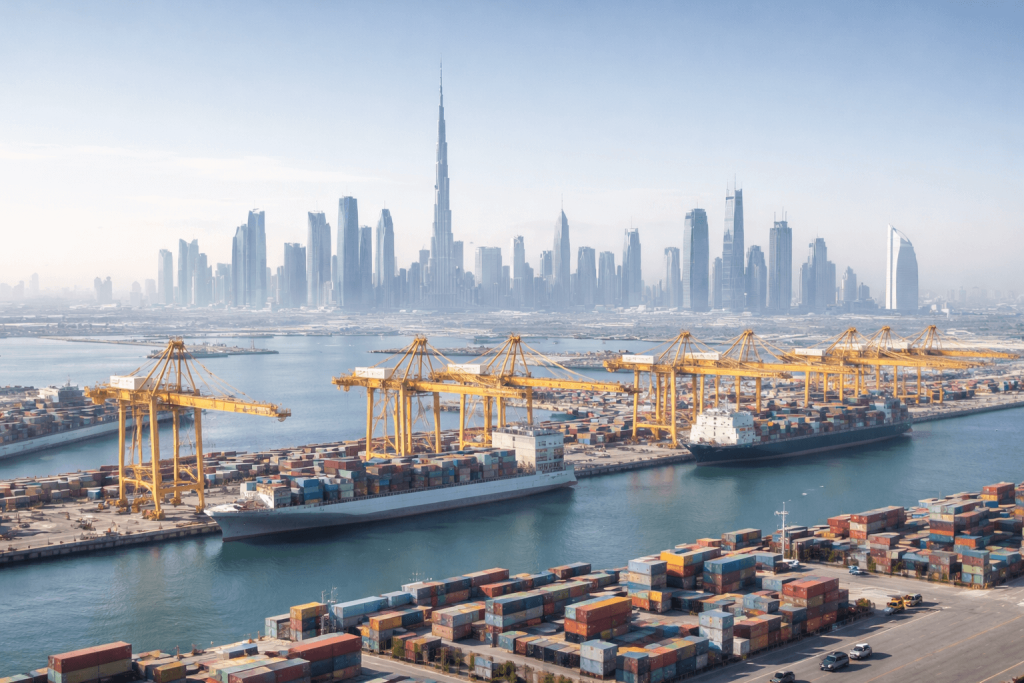 Dubai free trade zone logistics hub with port and skyline