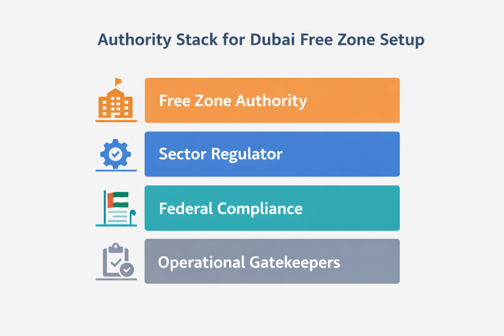 Dubai free zone authority stack showing who controls approvals