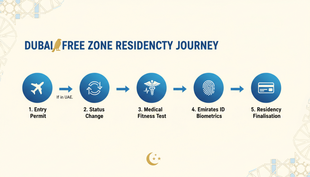 Dubai free zone visa process flowchart from entry permit to Emirates ID