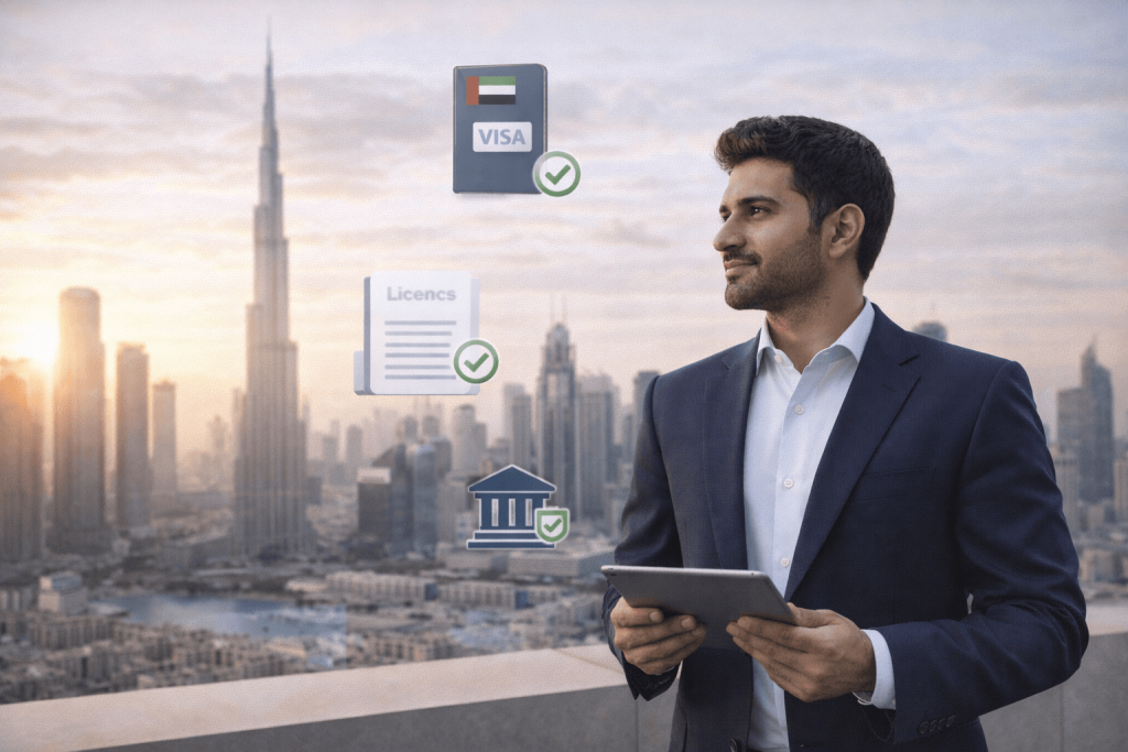 Entrepreneur planning business setup in Dubai with skyline backdrop