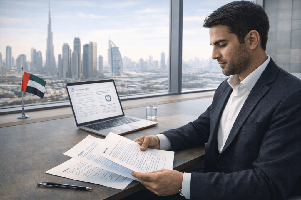 Entrepreneur preparing to open a business in Dubai with Dubai skyline backdrop