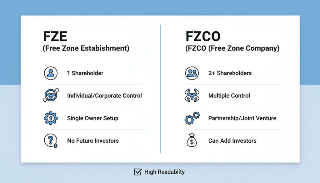 FZE vs FZCO comparison for Dubai free zone setup