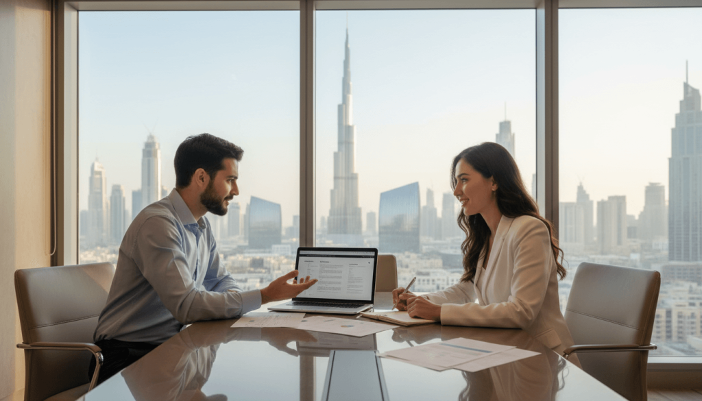 Founder meeting an advisor to plan a business startup in Dubai