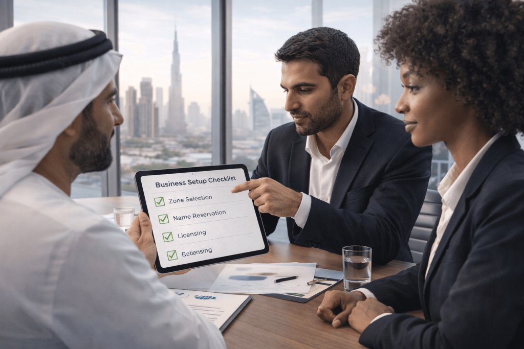 Founders reviewing a checklist for setting up a business in Dubai
