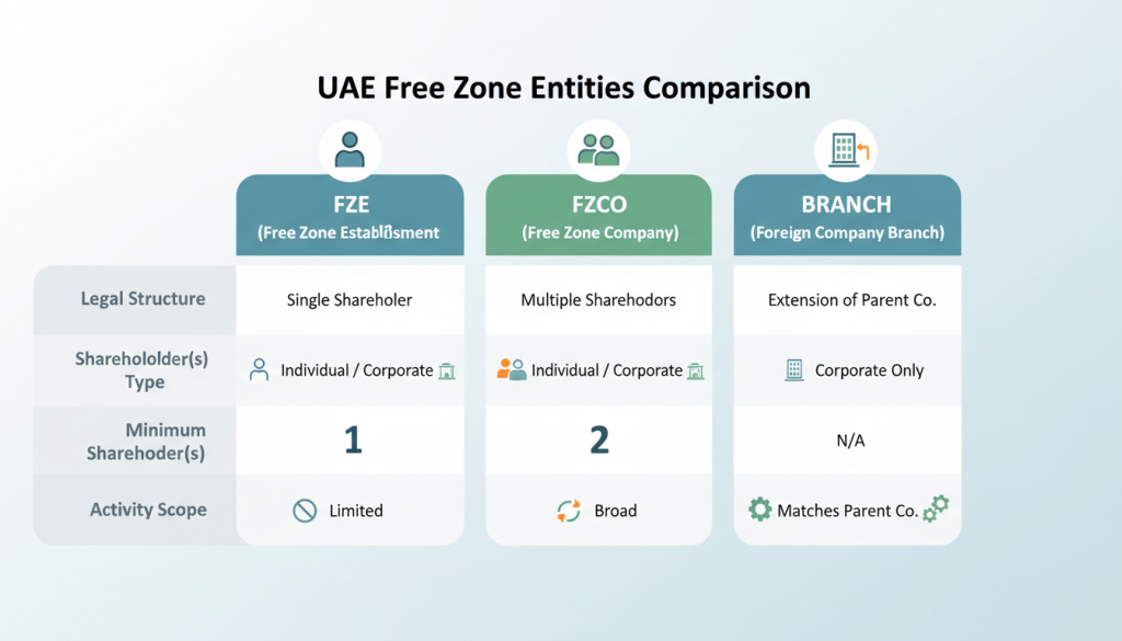 Free zone company types comparison - FZE vs FZCO vs branch
