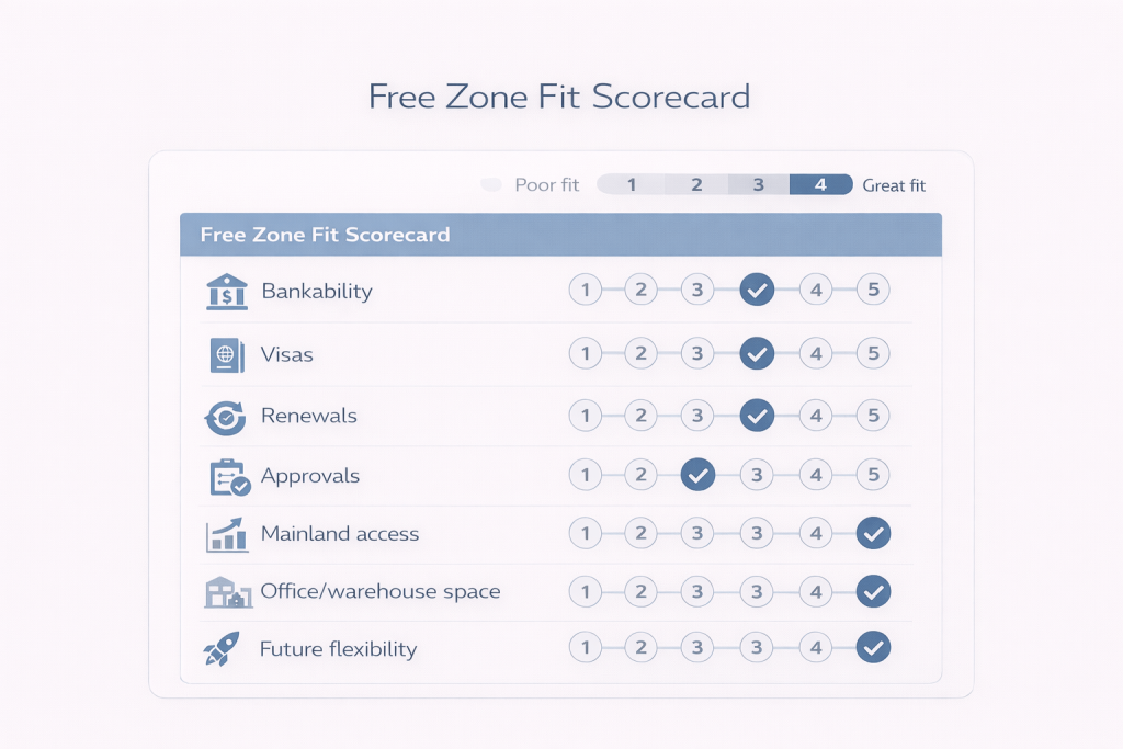 Free zone selection scorecard to choose the right Dubai free zone for your business