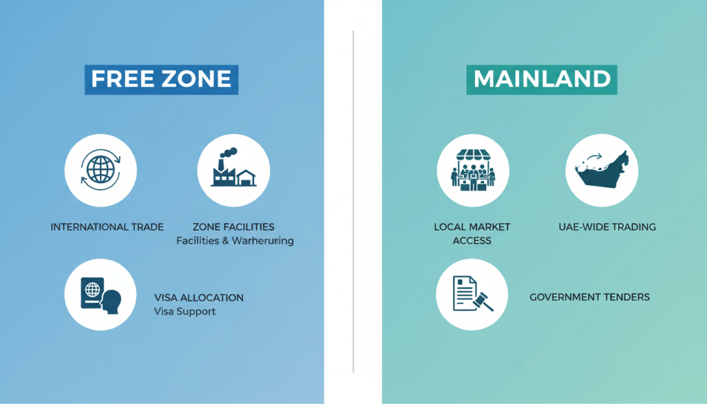 Free zone vs mainland Dubai setup comparison for residency and business scope