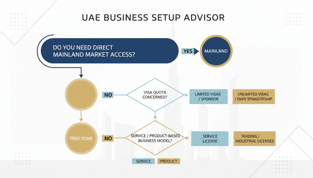 Free zone vs mainland decision flowchart for UAE visas