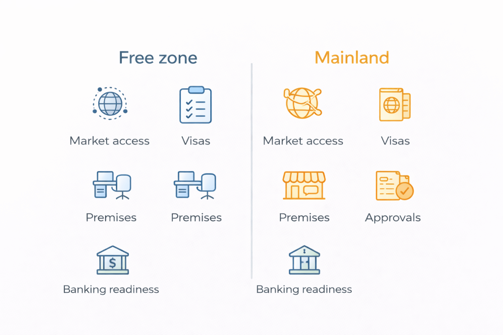 Free zone vs mainland setup comparison for Dubai businesses