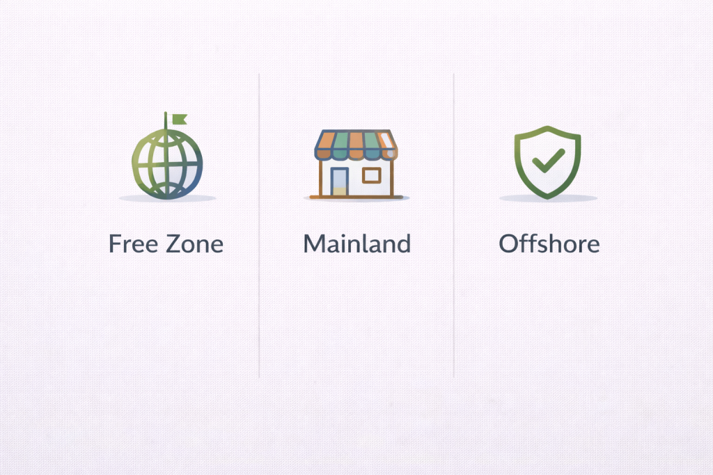 Free zone vs mainland vs offshore company setup in Dubai