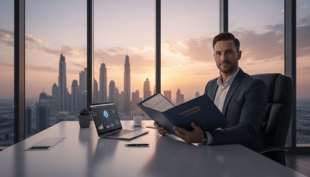 Freezone license in UAE explained with a business setup scene in Dubai