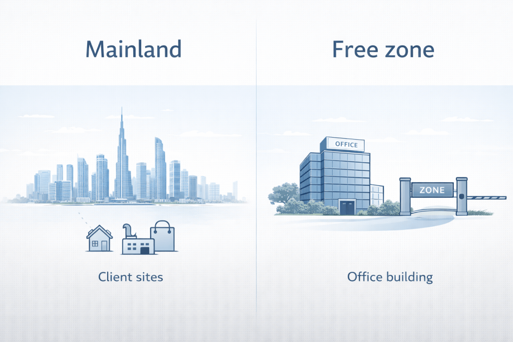 Mainland vs free zone options for a technical services license in Dubai