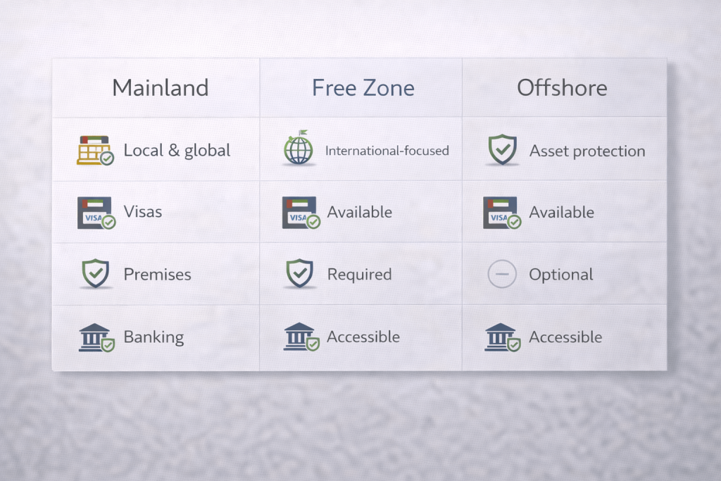 Mainland vs free zone vs offshore business setup options in Dubai