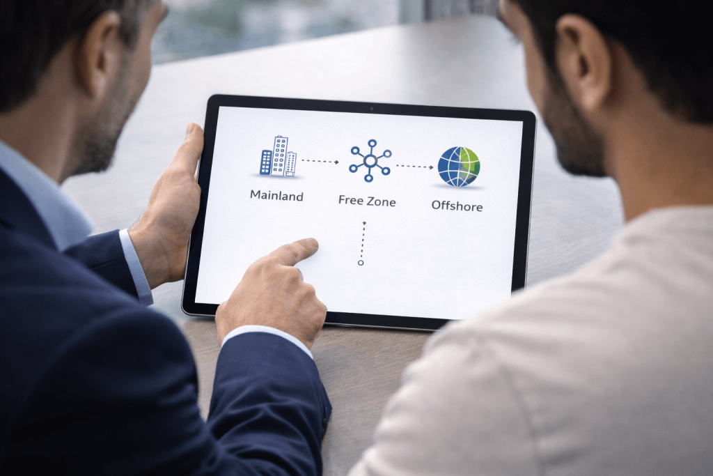 Mainland vs free zone vs offshore company setup in Dubai