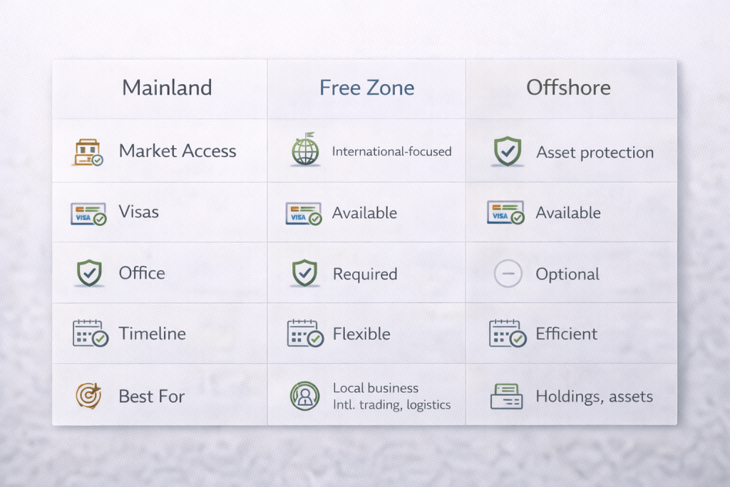 Mainland vs free zone vs offshore options for UAE company registration
