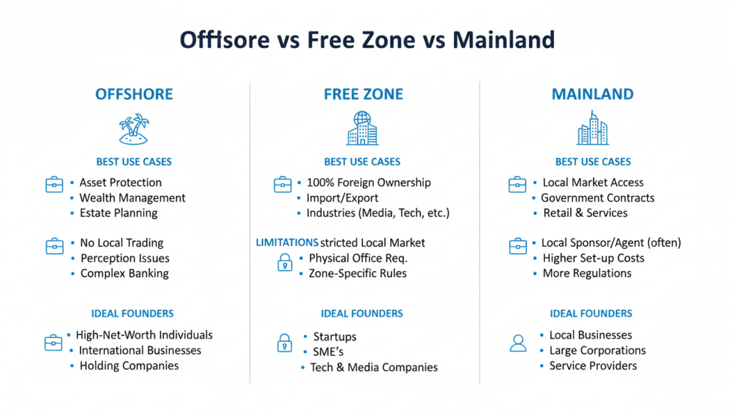 Offshore vs free zone vs mainland company setup comparison
