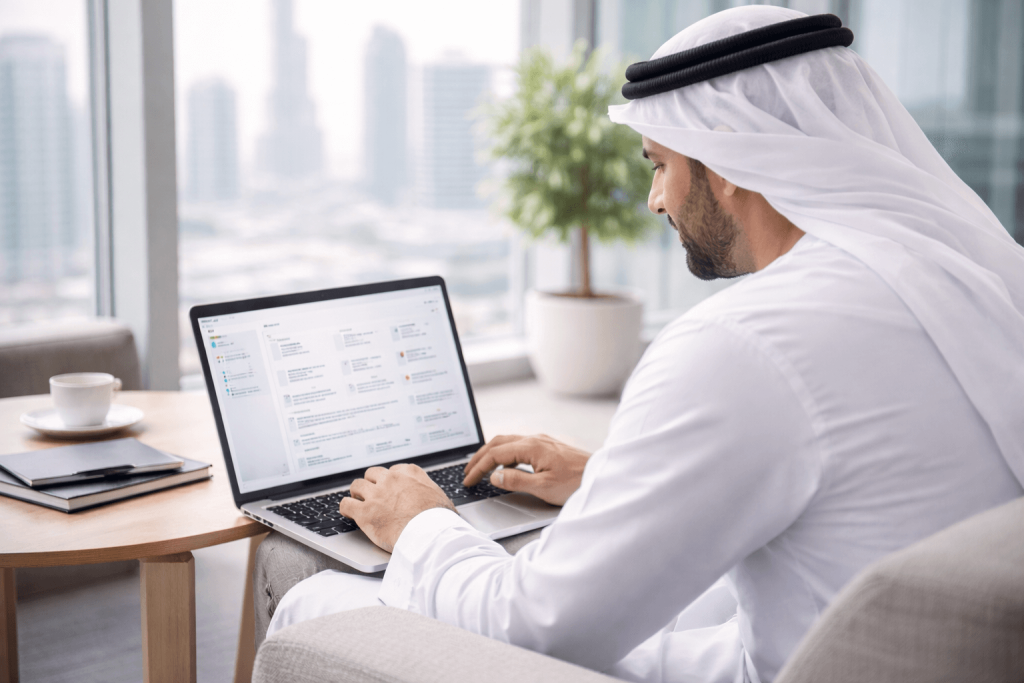Online company registration in Dubai completed remotely on a laptop