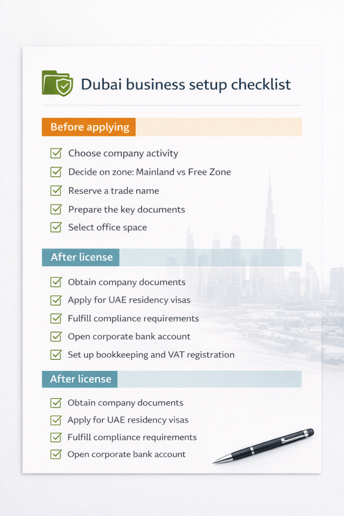 Printable Dubai business setup checklist for founders