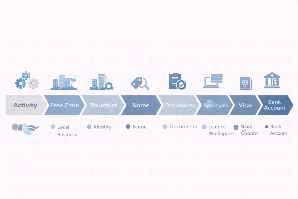 Steps to set up a business in Dubai free zone from licence to visas and bank account