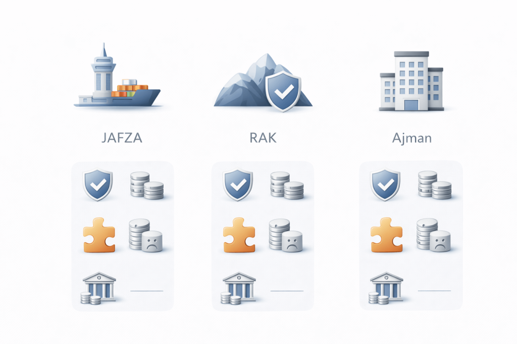 UAE offshore jurisdictions often used for banking - JAFZA, RAK ICC, and Ajman
