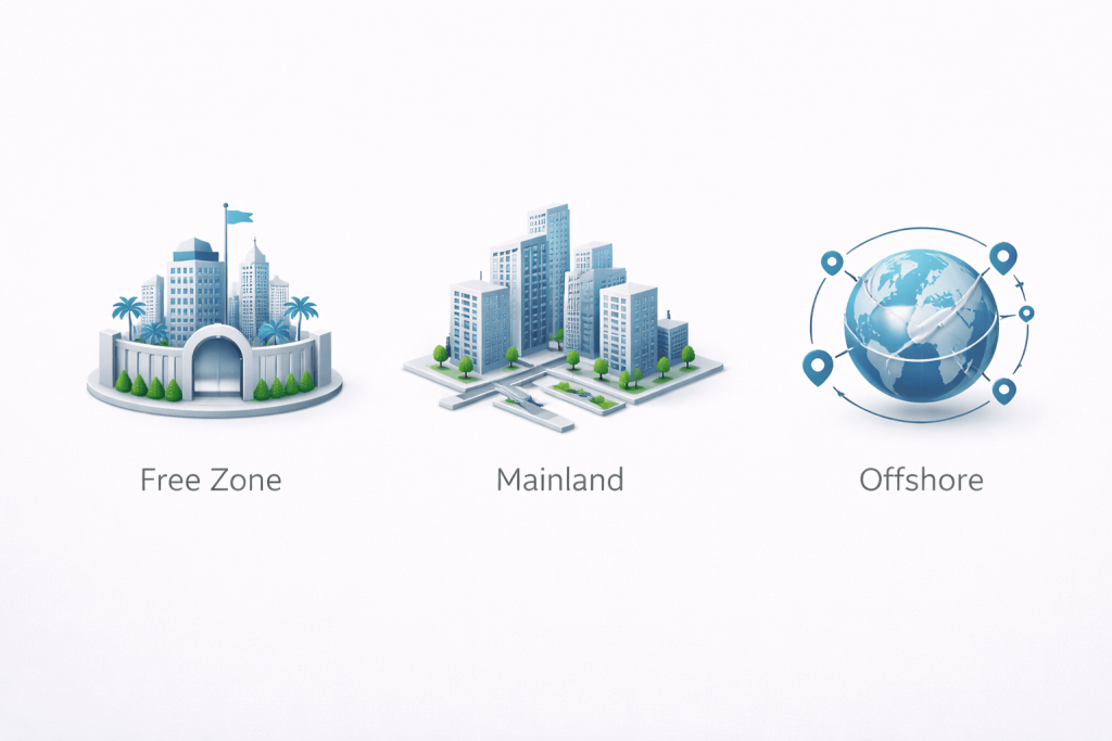 Visual comparison of free zone, mainland and offshore company setup