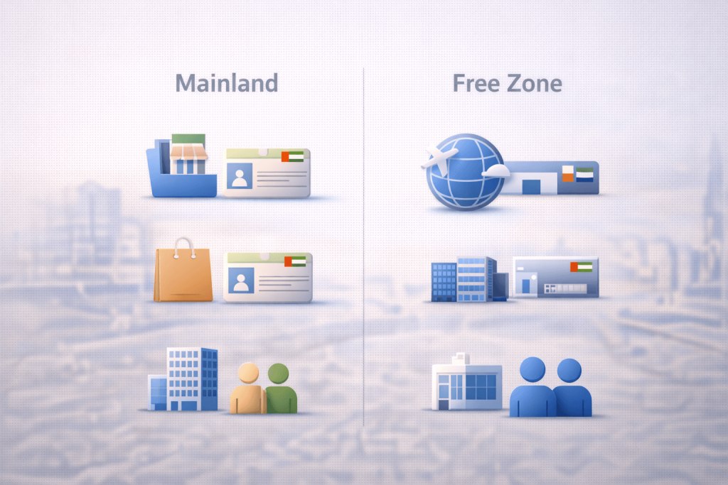 Visual comparison of mainland and free zone options for a cleaning business in Dubai