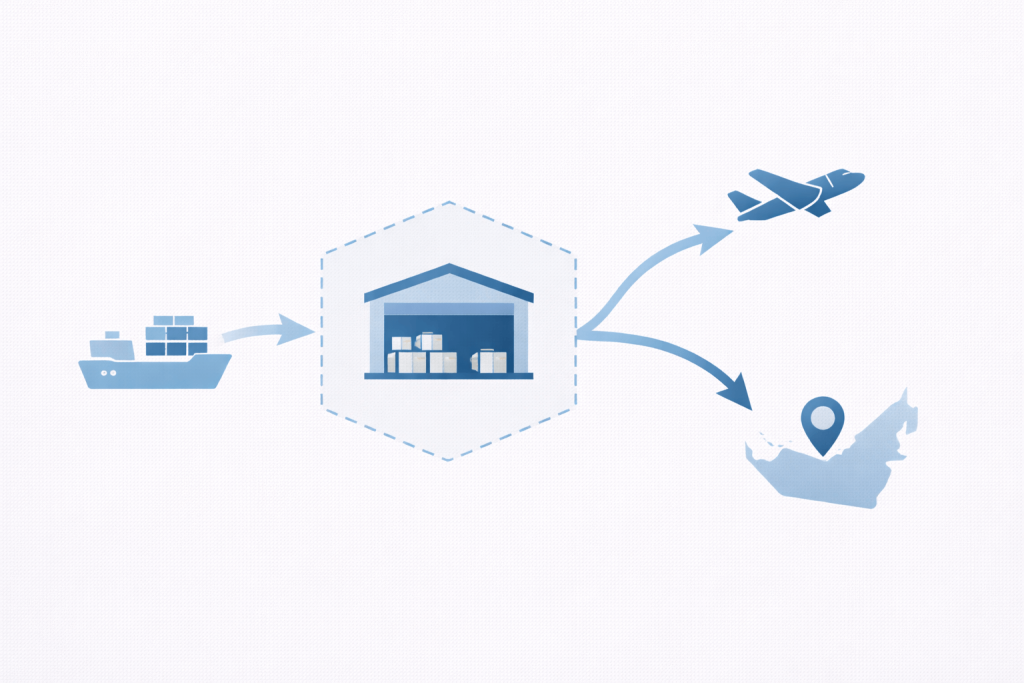 Visual flow of goods in a Dubai free zone for re-export or mainland entry
