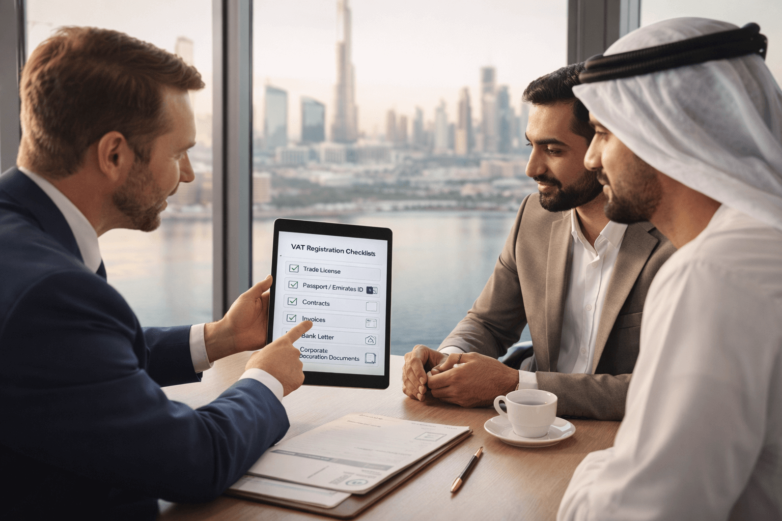 Business owners reviewing UAE VAT registration readiness with a consultant in Dubai