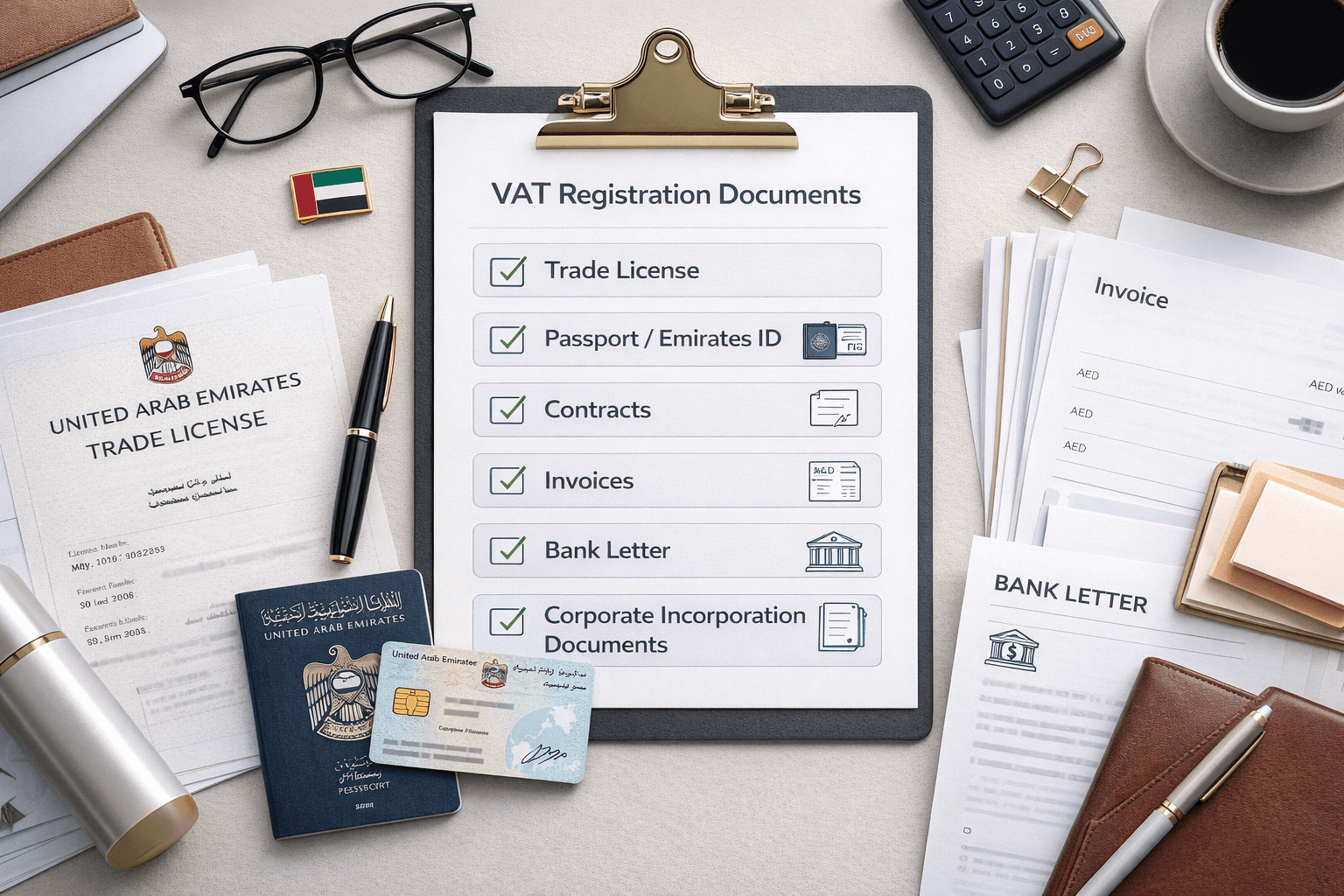 Checklist of common documents required for VAT registration in the UAE, including trade licence and invoices